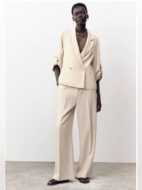 NWT Zara Cream Double-Breasted Wide-Leg 2pc Pantsuit
